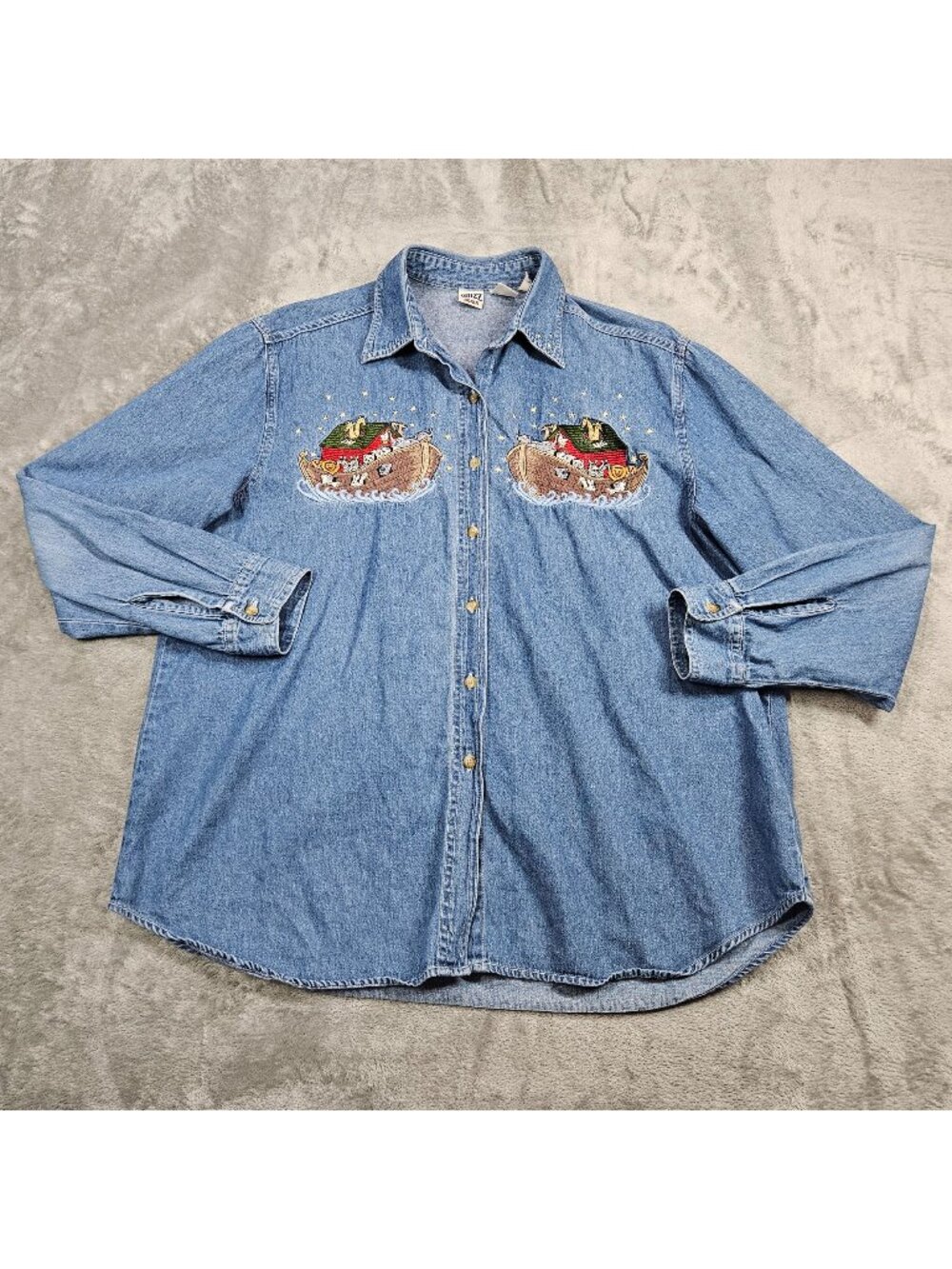 Noahs Ark Top Womens Large Blue Denim Embroidered Sunday School Bible Button Up
